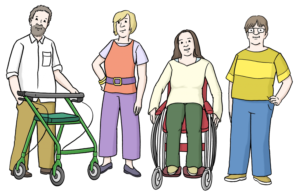 Das Bild zeigt vier Personen. Eine Frau sitzt im Rollstuhl, ein Mann steht an einem Rollator. Man sieht auch noch eine andere Frau und einen anderen Mann. Beide haben eine Behinderung, die man nicht sieht.