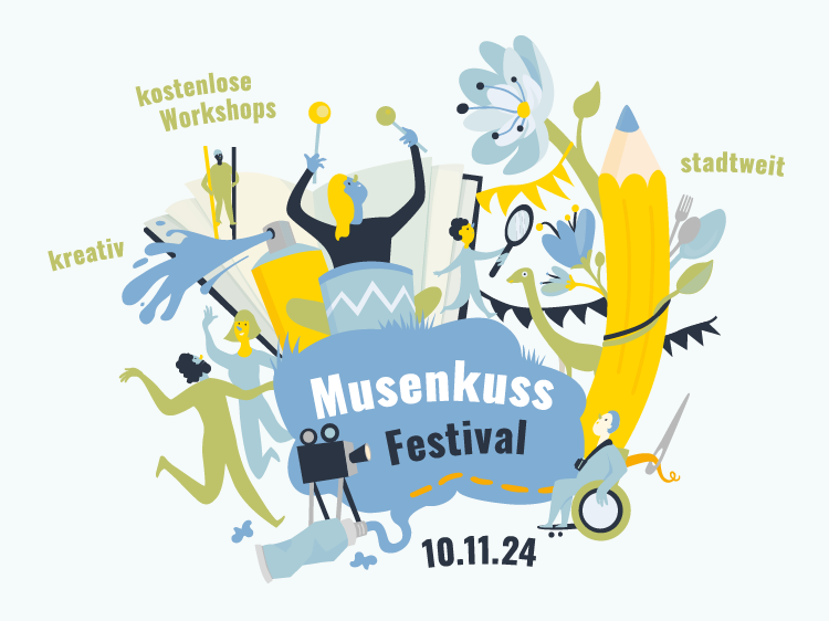 Die bunte Grafik zeigt eine stilisierte Gruppe von Personen und Gegenständen, die für Kulturelle Bildung stehen. Sie sind um einen blauen Farbklecks angeordnet. Auf dem Farbklecks steht: "Musenkuss Festival". Darunter steht: "10.11.24". Am oberen Bildrand steht "kreativ", "kostenlose Workshops" und "stadtweit". Zu den Gegenständen und Personen zählen unter anderem Spraydose, Buntstift, Blumen, Filmkamera, Buch, tanzende Menschen, eine junge Person mit Lupe in der Hand und eine Person im Rollstuhl mit umgehängtem Fotoapparat.