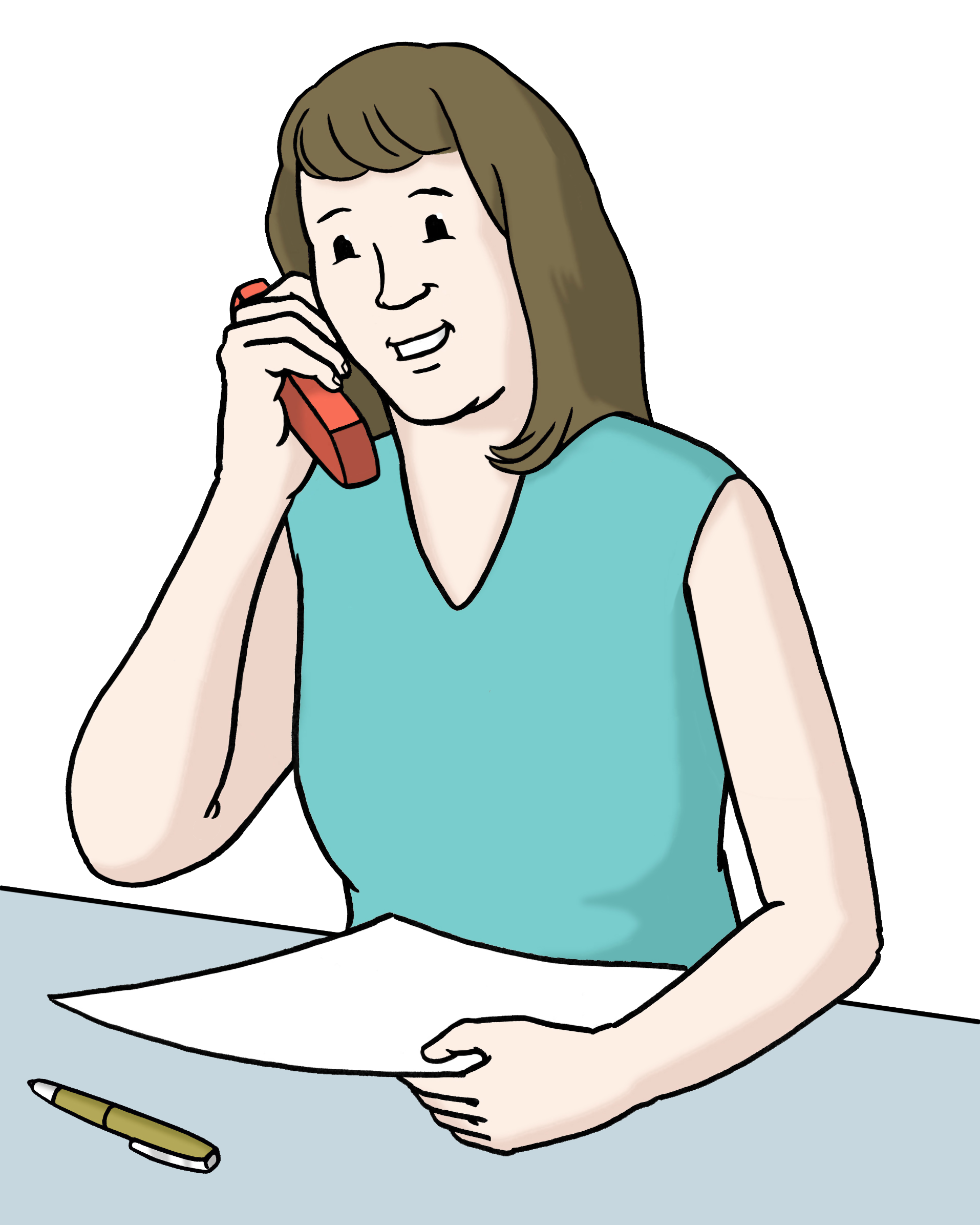 Auf diesem Bild sieht man eine Frau. Sie hält ein Telefon in der Hand. Vor ihr liegen ein Blatt Papier und ein Kugelschreiber.